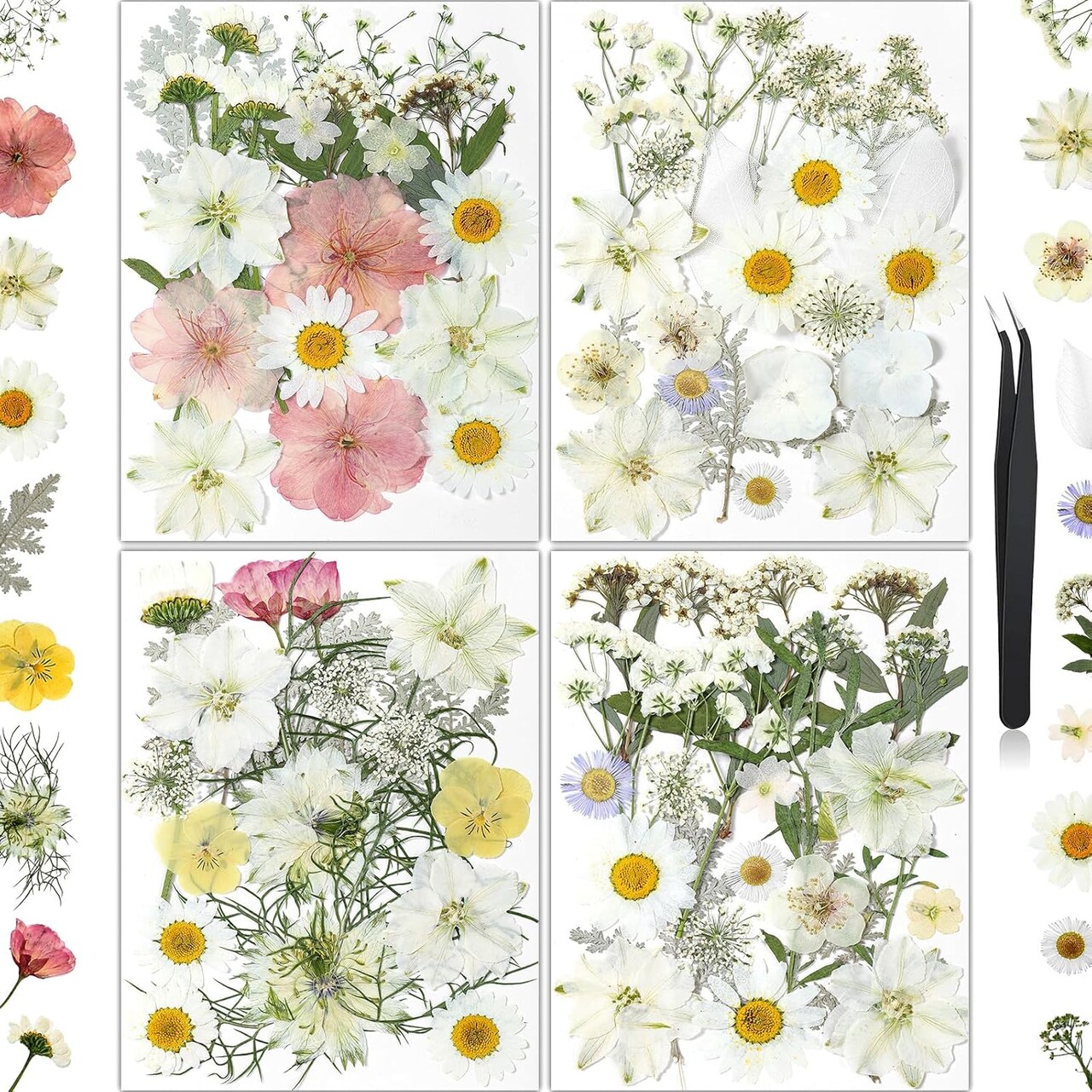 86PCS Real Dried Pressed Flowers for Crafts – White, Pink & Yellow Tones with Tweezers – Perfect for Resin, Jewelry, Scrapbooking, Candle, Soap, Nail Art & DIY Projects (White 86pcs)
